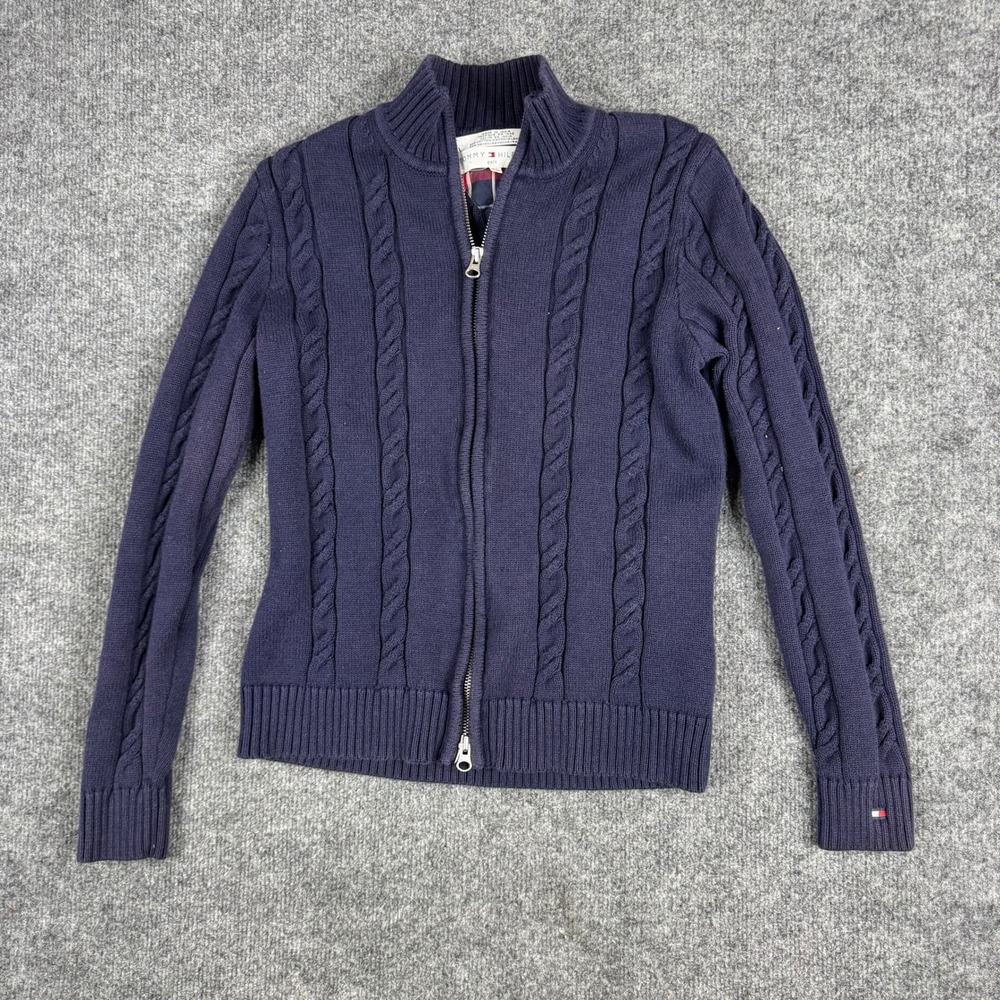 Tommy Hilfiger Cardigan Mens Size M Navy Blue Cable Knit Full Zip Viscose Blend
